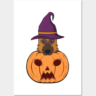 Halloween German Shepherds With Witch Hat Stuck In A Pumpkin Head. Posters and Art